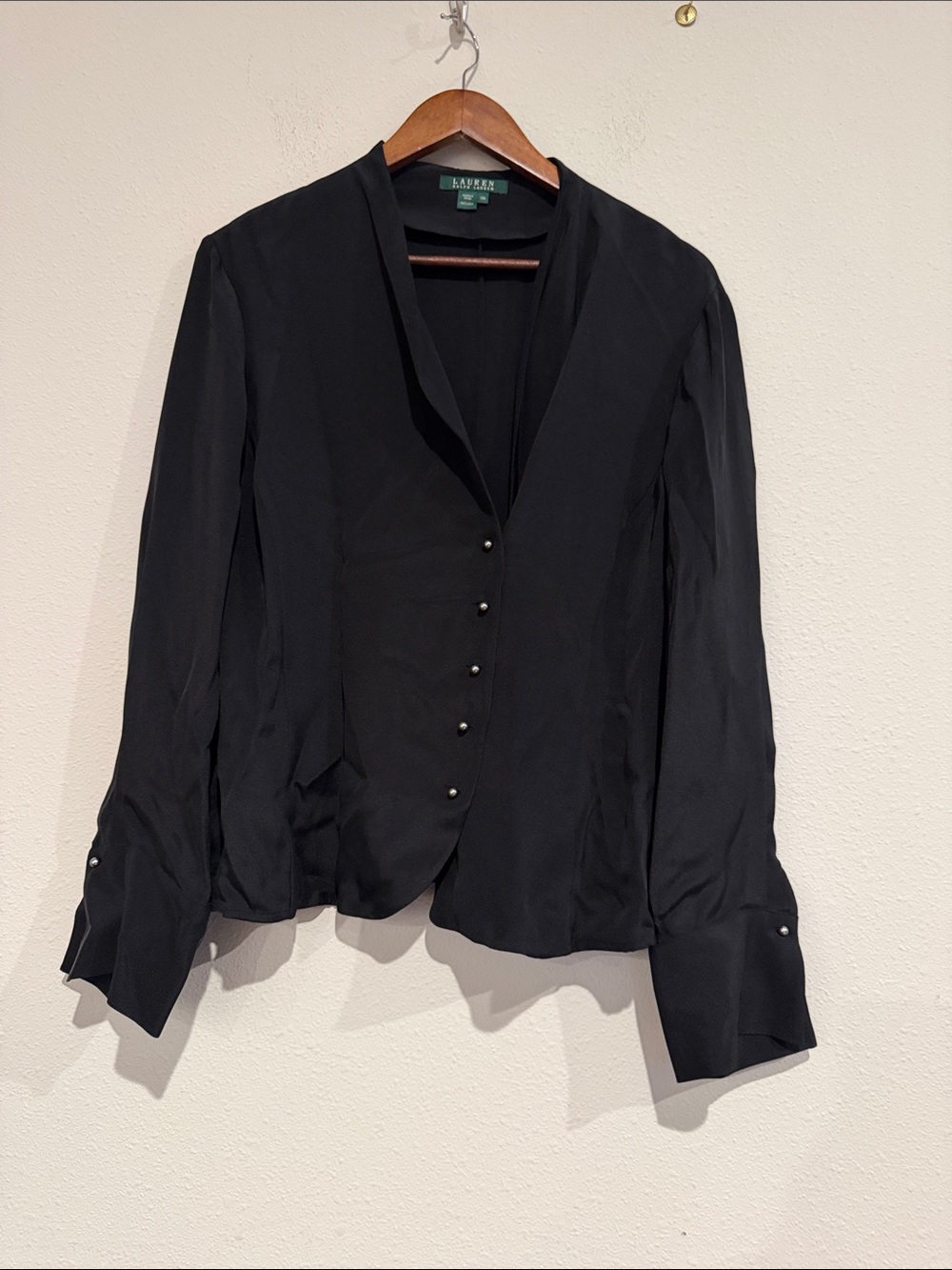 Ralph Lauren Black Silk-Blend V-Neck Buttoned Blazer